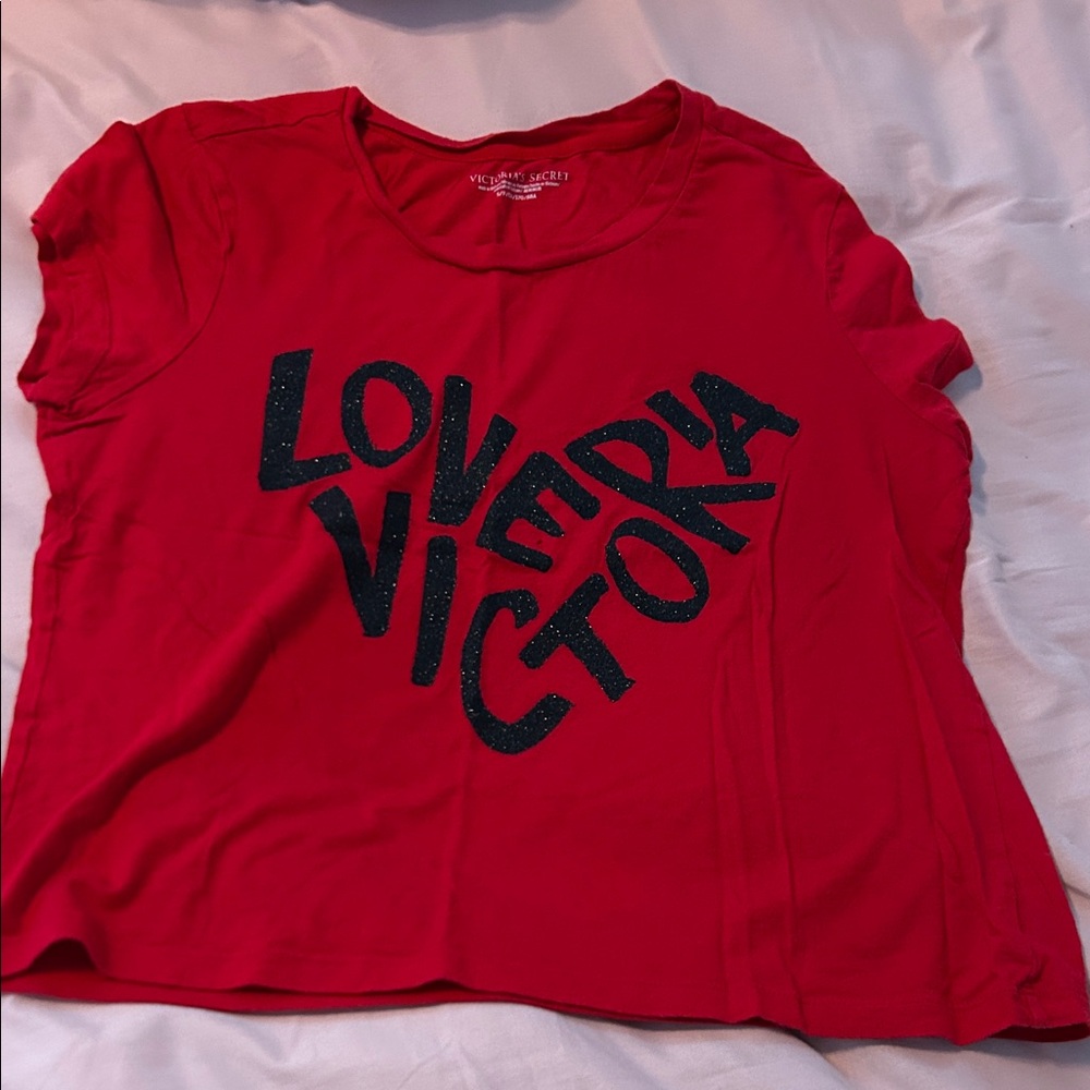 Victoria's Secret Red Short Sleeve Tee with Black Glitter Logo
